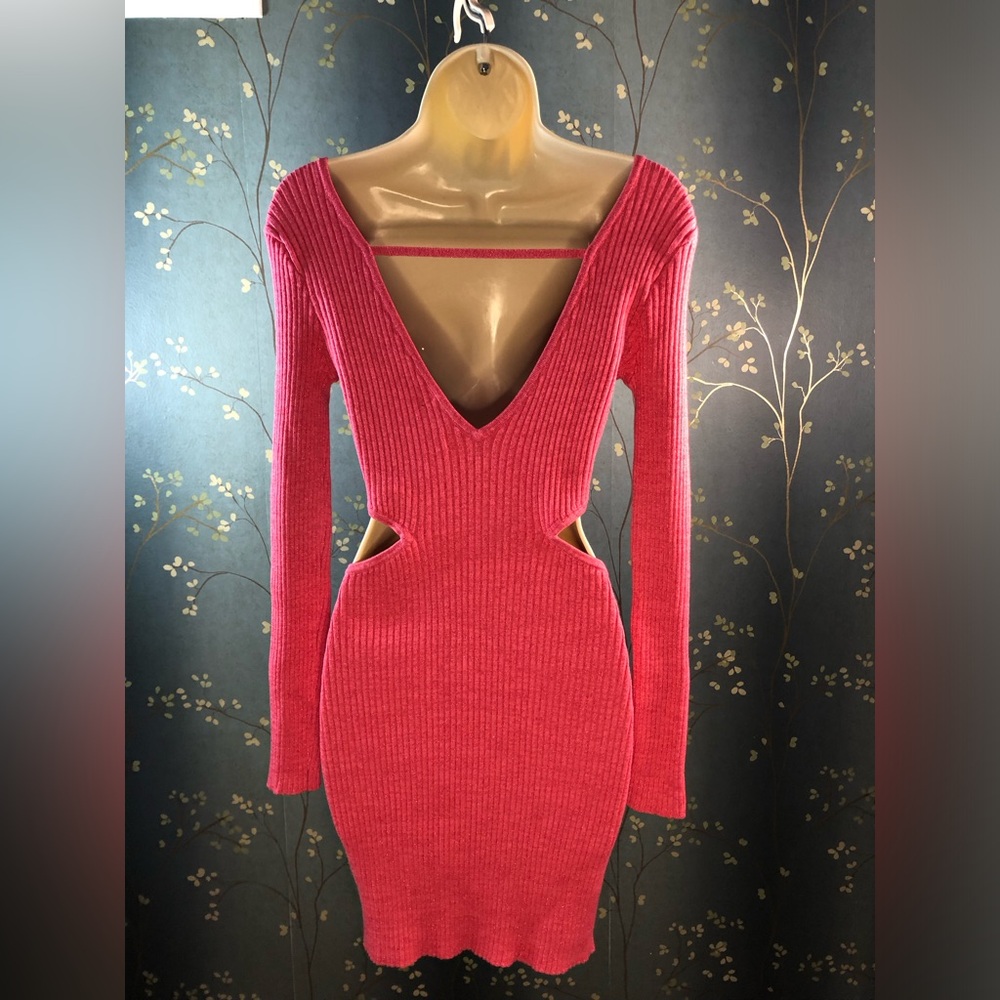 Open Edit Metallic Sparkle Long Sleeve Sweater Minidress In Hot Pink NWT Small - Picture 2 of 5